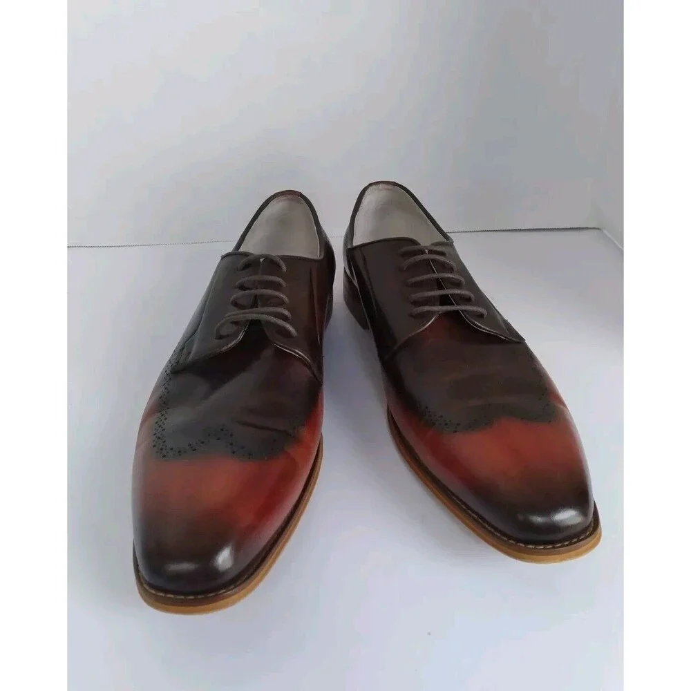 Handcrafted Two-Tone Leather Oxford Dress Shoes Burgundy  Black Gradient WingTip